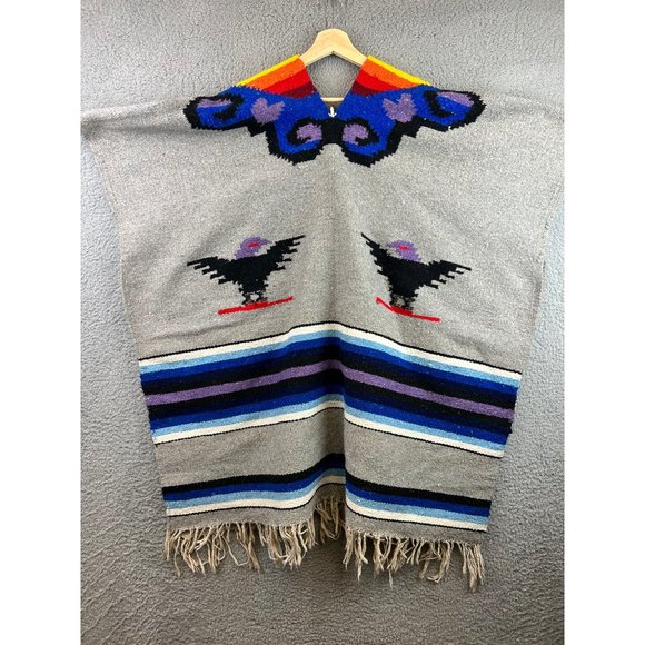 Vintage Native American Chimayo Wool Shawl Poncho Southwestern Thunderbird - Picture 2 of 6